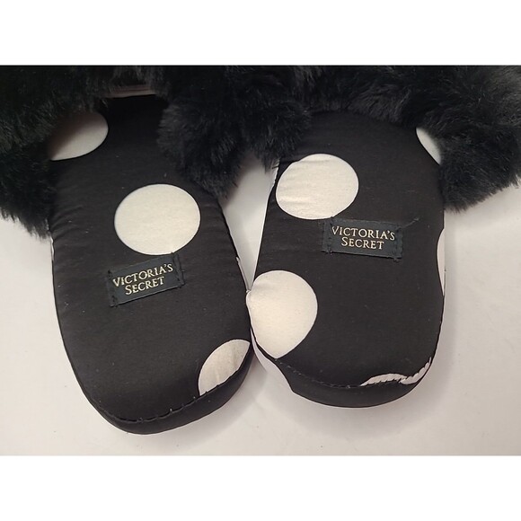 Victorias Secret Slippers Shoes  Size 5/6 Satin Faux Fur Trim Polka Dot - Picture 4 of 9